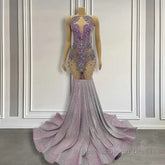 Purple Mermaid Semi Formal Prom Dresses Sleeveless with Long Beadings